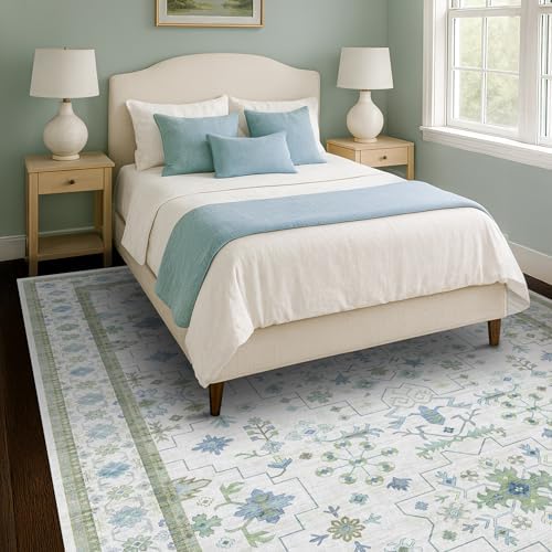 Hazo Haus Blue and Green Living Room Rug 8x10 - Cream Oushak Vintage Boho Floral Farmhouse, Washable Low Pile Non-Slip Extra Large Area Rugs for Bedroom, Girls, Boys, Playroom, Lounge - Image 3