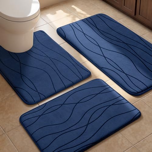 YIHOUSE Bathroom Rugs Set 3 Piece, Memory Foam Bath Mat Navy Blue by YIHOUSE