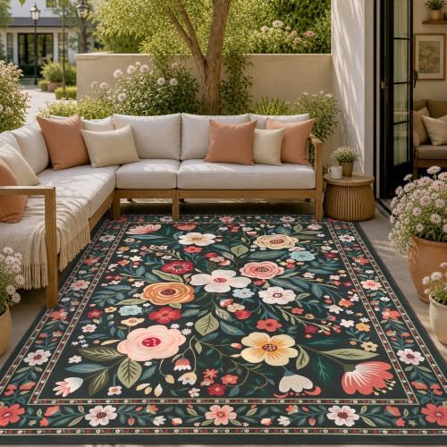 PADOOR Outdoor Rug 4x6 ft, Floral Washable Indoor Outdoor Area Rug, Flat‑Woven with Quick Dry Patio Carpet, Fade & Shed Resistant, Non‑Slip for Patio, Balcony, Porch, Deck, Entryway, Charcoal Grey by PADOOR