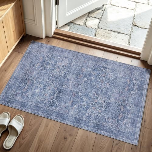 JOLLYVOGUE Entryway Rug, 2x3 Washable Vintage Floral Rug, Dusk Blue by JOLLYVOGUE