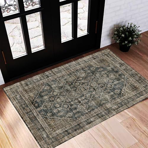 CHAMPLANT Washable Area Rug 2'x3' Door Mat Vintage Distressed Doormat Indoor Entrance Traditional Thin Rug Floral Print Non Slip Carpet for Kitchen Bathroom Bedroom Living Room by CHAMPLANT