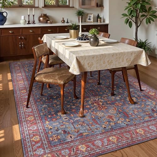 Washable Area Rug 8' x 10' Vintage Traditional Persian Mat - Foldable Distressed Non-Slip Machine Washable Carpet for Living Room Bedroom Kitchen Home Decor - Indigo and Crimson - Image 3