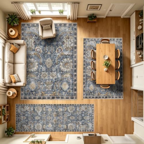 RUGSURE Washable Area Rugs - Perfect for Living Room, Bedroom, Kids Room, Nursery - Stain & Water Resistant Non-Slip, Pet & Child Friendly, Vintage Tribal Area Rugs (Navy, 9' x 12') - Image 5