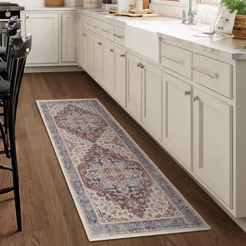 Maroon Blue 2x6 Hallway Runner Rug, Carpet Runners 6ft for Kitchen Non Slip Washable, Modern Vintage Floor Runner for Entryway Foyer, Medallion Rug Runner for Bathroom Bedroom Laundry Room - Image 3