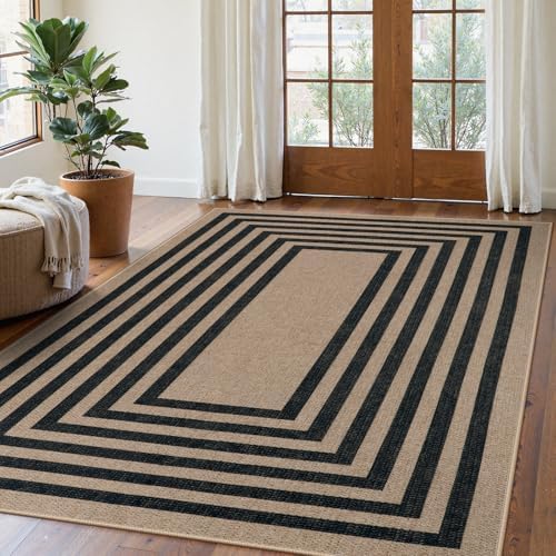 Lahome Modern Easy Jute Dining Room Rug, 5x7 Black Geometric Outdoor Rug by Lahome