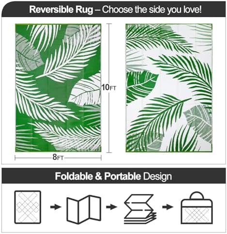Waterproof Outdoor Rug 8x10ft, Green Leaf Reversible Plastic Straw Mat for Patio RV Deck Porch Backyard Balcony Camping Picnic Beach Indoor Outdoor Carpet, Green&White - Image 2