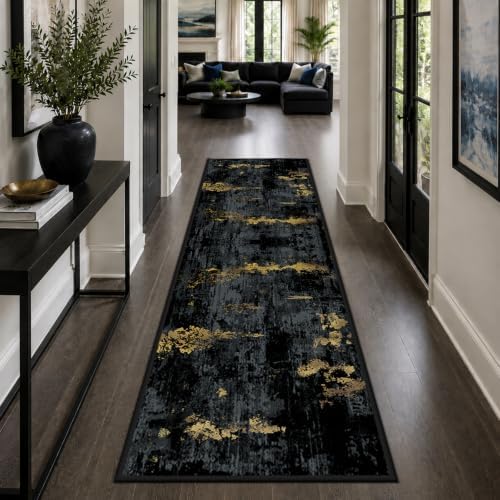 RELEANY Washable Runner 2'x8' Abstract Area Rug for Hallway Black Gold - Image 4