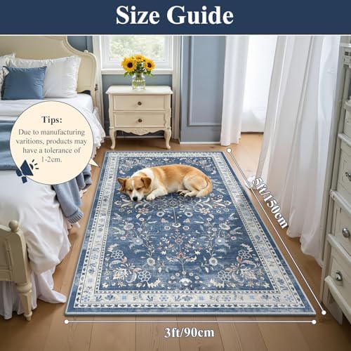Yamaziot 3x5 Washable Area Rug for Bedroom Floral Carpet, Blue - Image 2