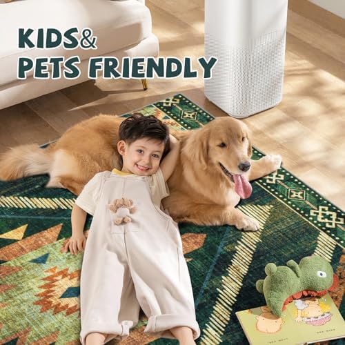 4x6Ft Boho Area Rugs Non Slip, Green Washable Rug for Living Room, Soft Bedroom Carpet, Low Pile Moroccan Entryway Area Floor Carpets for Dining Room Kids Nursery Farmhouse - Image 2