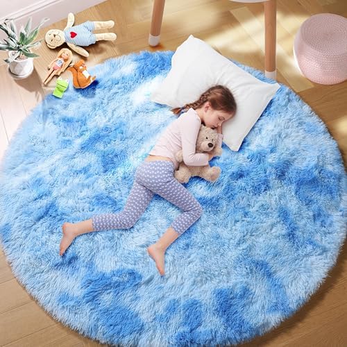 PAGISOFE Round Area Rugs for Boys Bedroom 5Ft Light Blue, Fluffy Circle Rug for Kids Room, Non-Slip, Super Soft Fluffy Carpet for Boys Nursery Kids Playroom, Baby Room Decor Dining Room Non-Shedding by PAGISOFE