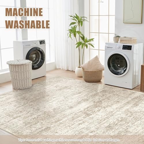 DMOYEST Area Rug Living Room Rugs - 6x9 Abstract Large Soft Indoor Washable Rug Neutral Modern Low Pile Carpet for Bedroom Dining Room Farmhouse Home Office - Vintage Beige - Image 2