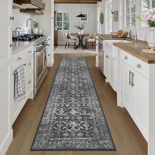 2x10 Washable Kitchen Runner Rug Non-Slip Vintage Black Throw Carpet - Image 2