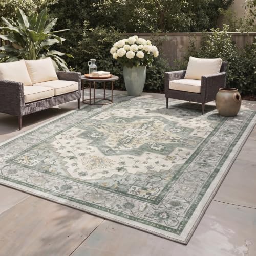 GENIMO 3x5 Outdoor Rug, Washable for Porch and Balcony, Sage Ivory - Image 3