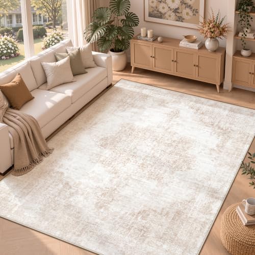 Area Rug 6x9 Vintage Rugs: Washable Living Room Rug Retro Medallion Distressed Large Rug Soft Low Pile Non-Slip Rugs Indoor Floor Carpet for Bedroom Kitchen Nursery Dining Table Office (Beige/Brown) by MXSANYOORUG