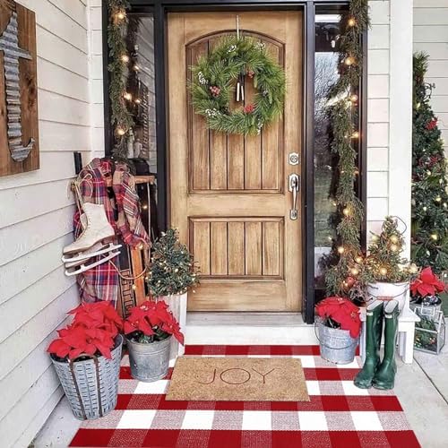 Christmas Plaid Outdoor Rug, 2'4" x 3'7" Red&White Check Indoor/Outdoor Area Rug, Layering Rug for Hello/Welcome Door Mat, Machine Washable Cotton Woven Rug for Farmhouse Front Porch,Entryway - Image 2