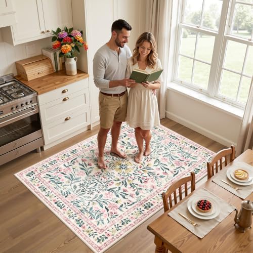 PLHXFR Area Rug Living Room: 3x5 Floral Washable Boho Carpet Pink Green - Image 3