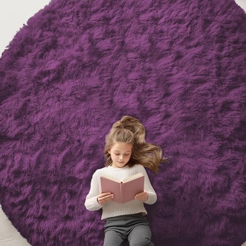 OLANLY Dark Purple Round Rugs for Bedroom - Machine Washable, 9 ft Circle Area Rugs for Living Room, Soft and Fluffy Shaggy Carpet for Teen Girl and Boys, Nursery Rooms, Dorms, Home Decor Aesthetic by OLANLY