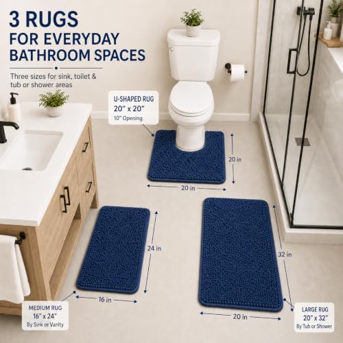 Indigo Blue Bathroom Rugs Non Slip Washable 3 Piece Extra Absorbent Shaggy Chenille and Mats Sets, Soft & Dry Bath Rug/Mat Sets for Carpets Set - Image 2