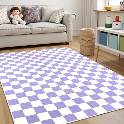 Terrug Purple and White Checkered Rug for Bedroom, 3x5 Washable Area Rugs - Image 3