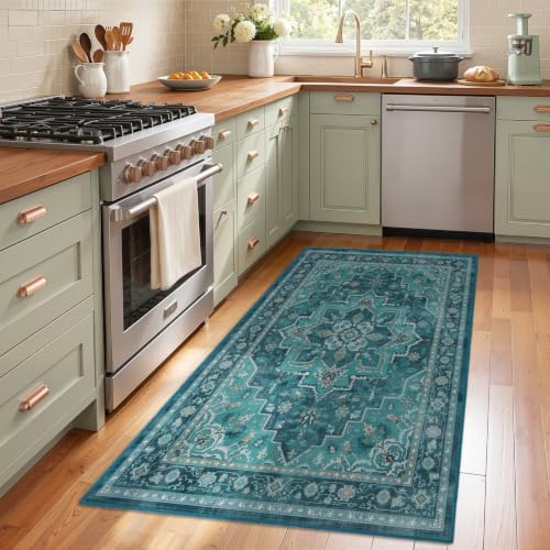 Washable Area Rug 3'x4' Entryway, Vintage Medallion, Boho Teal - Image 4