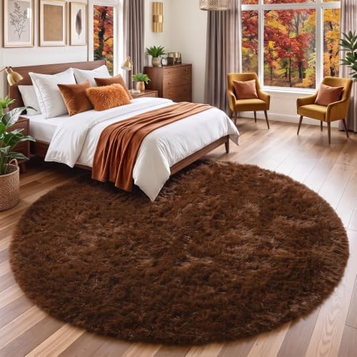 Amdrebio Chocolate Brown Round Circle Area Rug 4Ft for Bedroom Living Room - Image 3