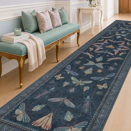 Dark Blue Vintage Hallway Runner Rug 3x12, Washable Non Slip Kitchen Carpet for Entryway, Insect Moth Home Décor, Stain Resistant Low Pile Rug by HazoHaus
