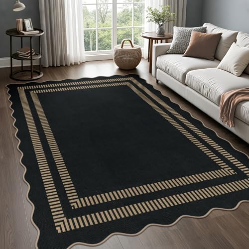 Scalloped Modern Easy Jute Carpet, 5x7 Outdoor Patio Washable Area Rug, Indoor Black Kitchen Rugs Farmhouse Neutral Non Slip Rug for Living Room Patio Entryway by LORWER
