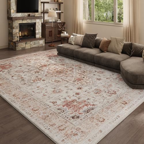 9x12 Orange Washable Area Rug for Living Room, Vintage Print by Unknown
