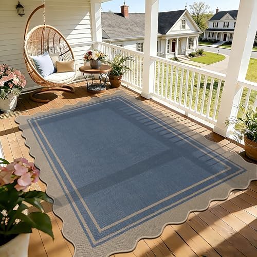 5x7 Scalloped Rug Easy Jute Washable Outdoor Patio Rug for Living Room Indoor Outdoor Blue Geometric Neutral Carpet for Backyard Patio Dining Room by Zeeinx