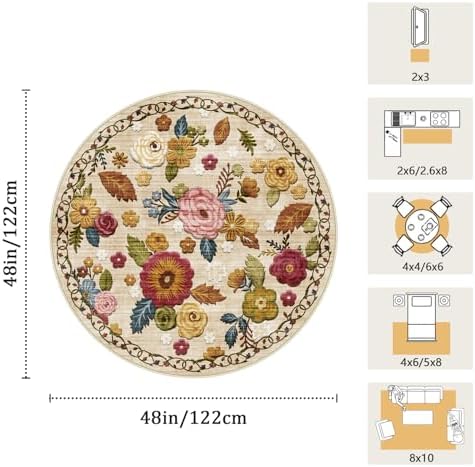 Washable 4ft Round Area Rug, Beige Boho Floral Non-Slip for Bedroom Kitchen - Image 2