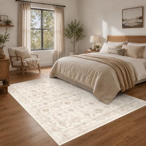 Washable 5x7 Bedroom Area Rug Non-Slip Traditional Beige Throw Carpet - Image 4