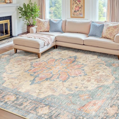 RELEANY Washable Area Rug, 7'x10', Blue/Orange/Red by RELEANY