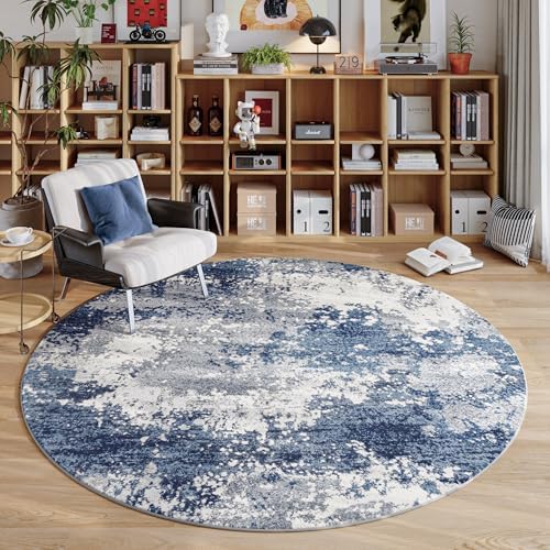 Blue Round Rugs 6ft Washable Circle Area Rug for Entryway Kitchen, Non Slip Soft Low Pile Stain Resistant, Boho Circular Carpet for Living Room Bedroom Dorm Dining Room Table, Abstract Navy - Image 5