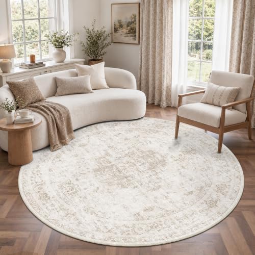 Washable 6ft Round Dorm Rug Soft Medallion Neutral Beige Throw Carpet by HOME