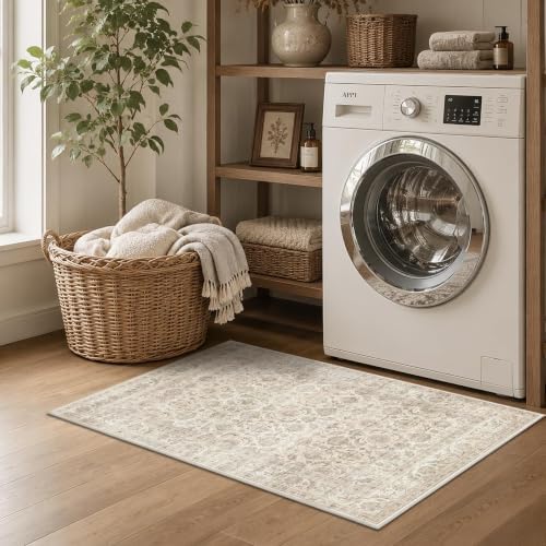 JOOJA 2x3 Beige Vintage Low Pile Non Slip Washable Boho Entryway Throw Rug - Image 3