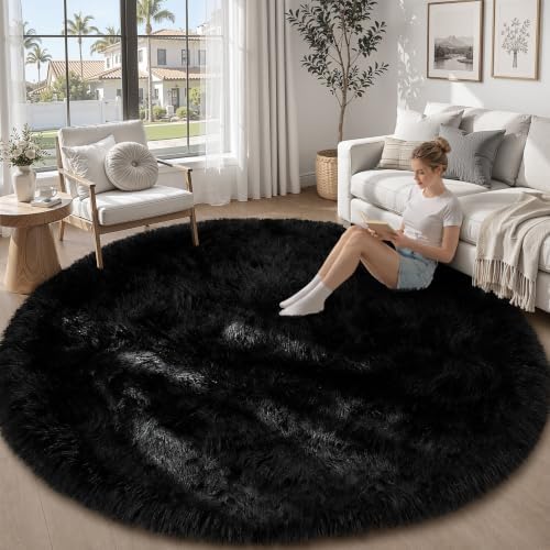 TENGTENGLINK 6ft Round Shag Area Rug Living Room Bedroom Washable Black by TENGTENGLINK
