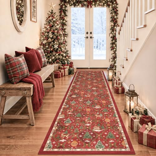 Christmas Runner Rug 2x8 for Hallway, Red Non Slip Washable Low Pile Rug - Image 3