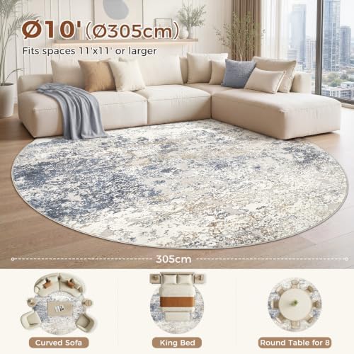 DMOYEST 10ft Round Area Rug Living Room Rugs - 10x10 Washable Circle Rug Large Soft Indoor Neutral Modern Abstract Low Pile Carpet for Bedroom Dining Room Farmhouse Home Office - Beige Blue - Image 2