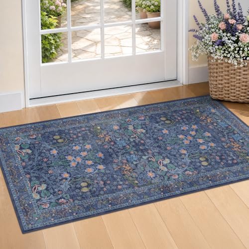 Dark Blue Washable 2x4 Runner Rug - Vintage Floral Small Rug for Kitchen, Door Mat Indoor, Bathroom, Non-Slip Boho Navy Entryway Décor - Image 3