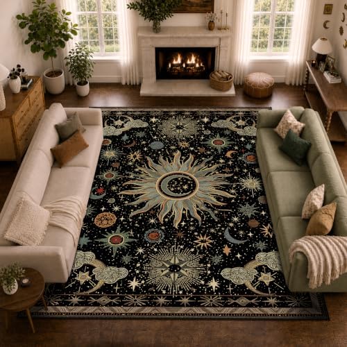 Vacuum-Friendly, 10x12 Washable Area Rug, Black Green Blue by meejou
