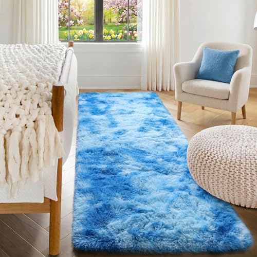 Runner Rugs for Boys Bedroom Living Room, Fluffy Tie-Dyed Blue 2x6 Area Rug - Image 3