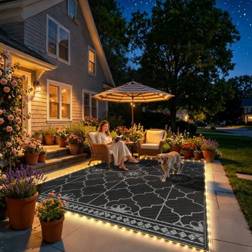 9x12Ft Outdoor Rug, Solar Powered Outdoor Rug with 131LEDs Strip Lights for House Deck, Waterproof Plastic Reversible Outdoor Straw Rugs, Rugs Mat RV Camping Patio Beach Balcony Picnic (Black Gray) - Image 5
