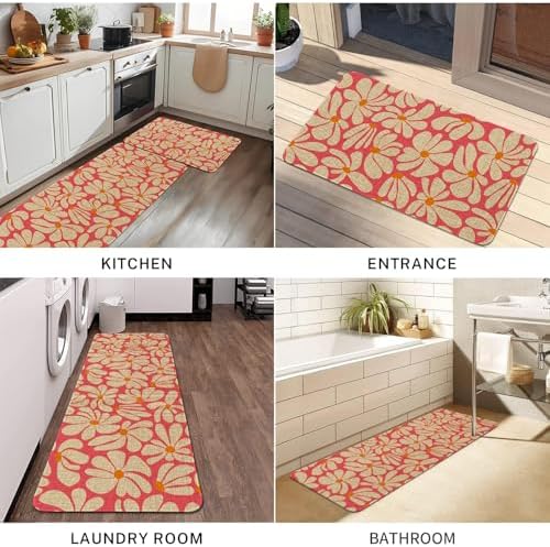 Spring Daisy Floral Kitchen Mats Decor, Pink Retro Groovy Flower Power Kitchen Rugs Sets of 2, Vintage 1970s Floral Rug Home Decorations Indoor, 17" x 30" and 17" x 47" - Image 7
