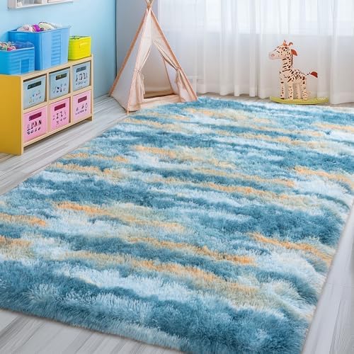 6x9 Abstract Blue Fluffy Rug for Bedroom Living Room Washable Non-Slip - Image 3