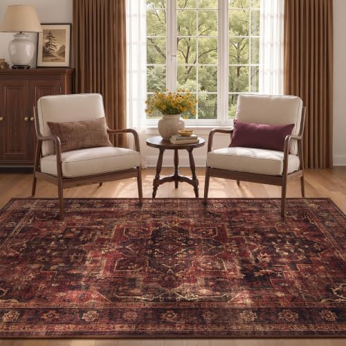 Washable Area Rug 4'x5' Living Room, Vintage Medallion, Dark Red - Image 4