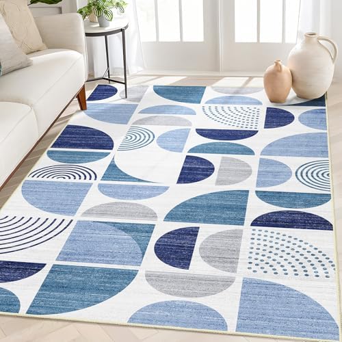 MUJOO Blue Rug Boho Washable,4x6.5 Area Rugs for Bedroom Entryway Living Room Bedside,Small Throw Floor Carpet Non Slip Soft Indoor Modern Abstract Navy Blue by MUJOO