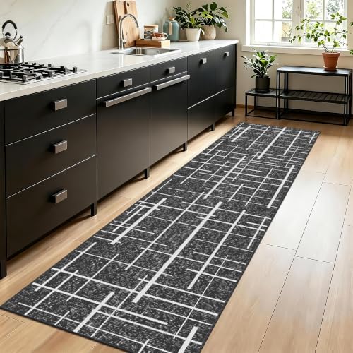 Non Slip Hallway Runner Rug 2x10, Gray Modern Distressed Stripe, Washable Long Rug, Woven Thin Low Pile Carpet Runners for Hallway 10ft Entryway, Kitchen, Walkway- Gray - Image 3