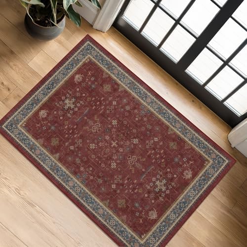 Burgundy 2x3 Washable Rugs for Entryway Indoor, Boho Kitchen Rug for Floor, Bathroom, Doormat Indoor Entrance, Waterproof Non Slip Low Pile Stain & Fade Resistant, Modern Eclectic Floral Decor by HazoHaus