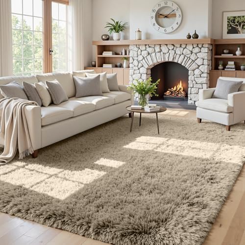5x8 Fluffy Shag Area Rugs for Living Room Bedroom: Soft Carpet Gray Camel by CarpetAddColortoYourLife
