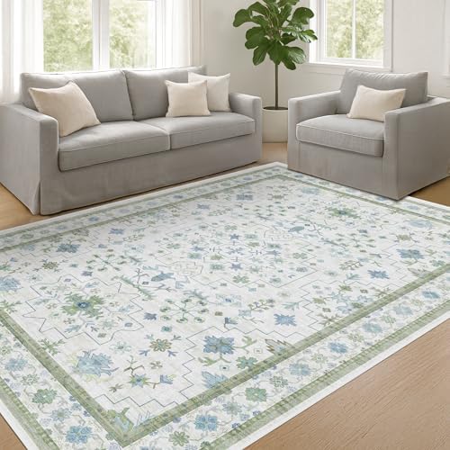 Hazo Haus Cream Oushak 6x9 Bedroom Rug - Boho Floral Cool Blue and Green, Washable Low Pile Non-Slip Ultra-Thin Large Area Rugs for Bed Room, Living Room, Playroom - Image 6
